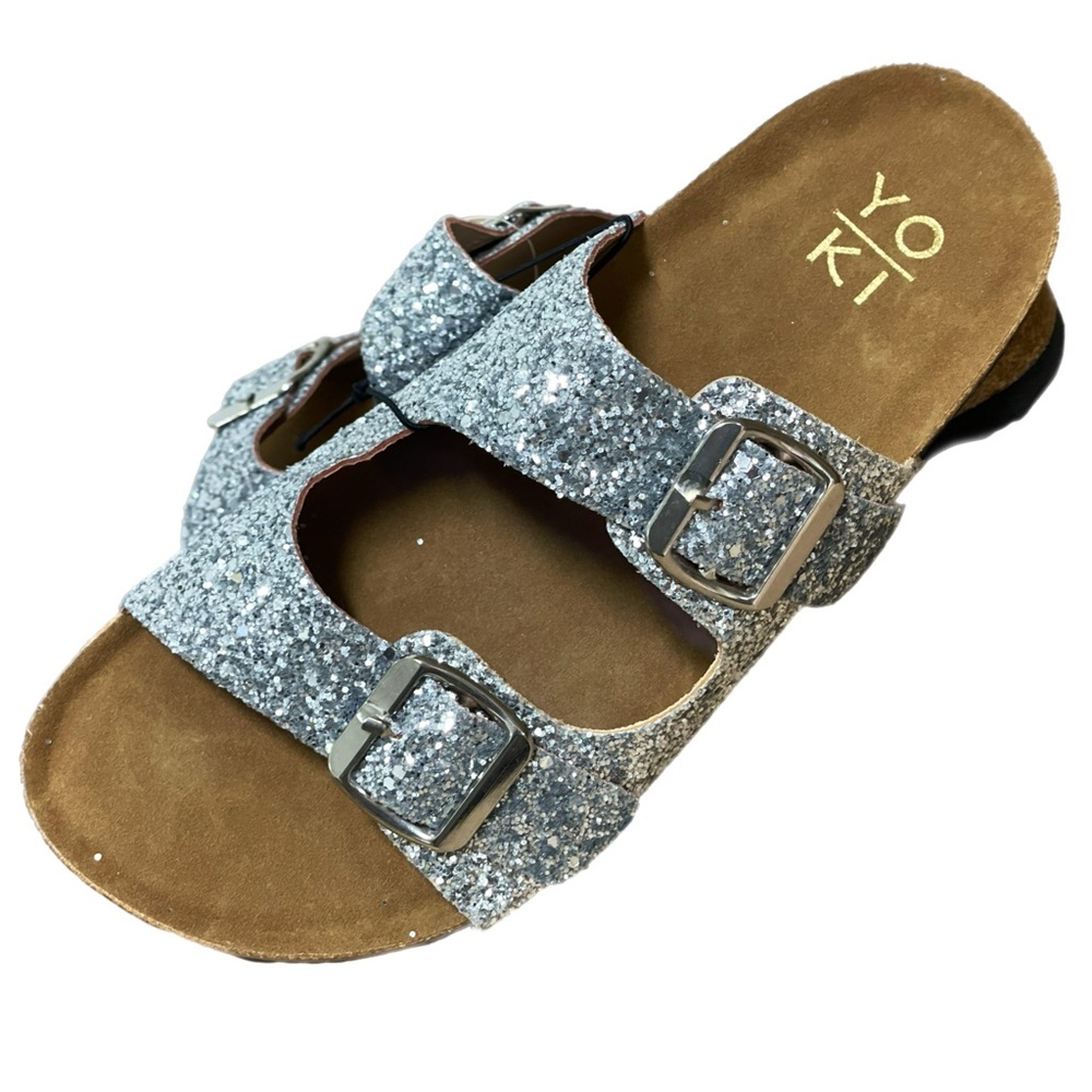 STROLL SEQUIN DOUBLE BUCKLE FLATS SLIDE SANDALS SILVER NWT! - Picture 6 of 11